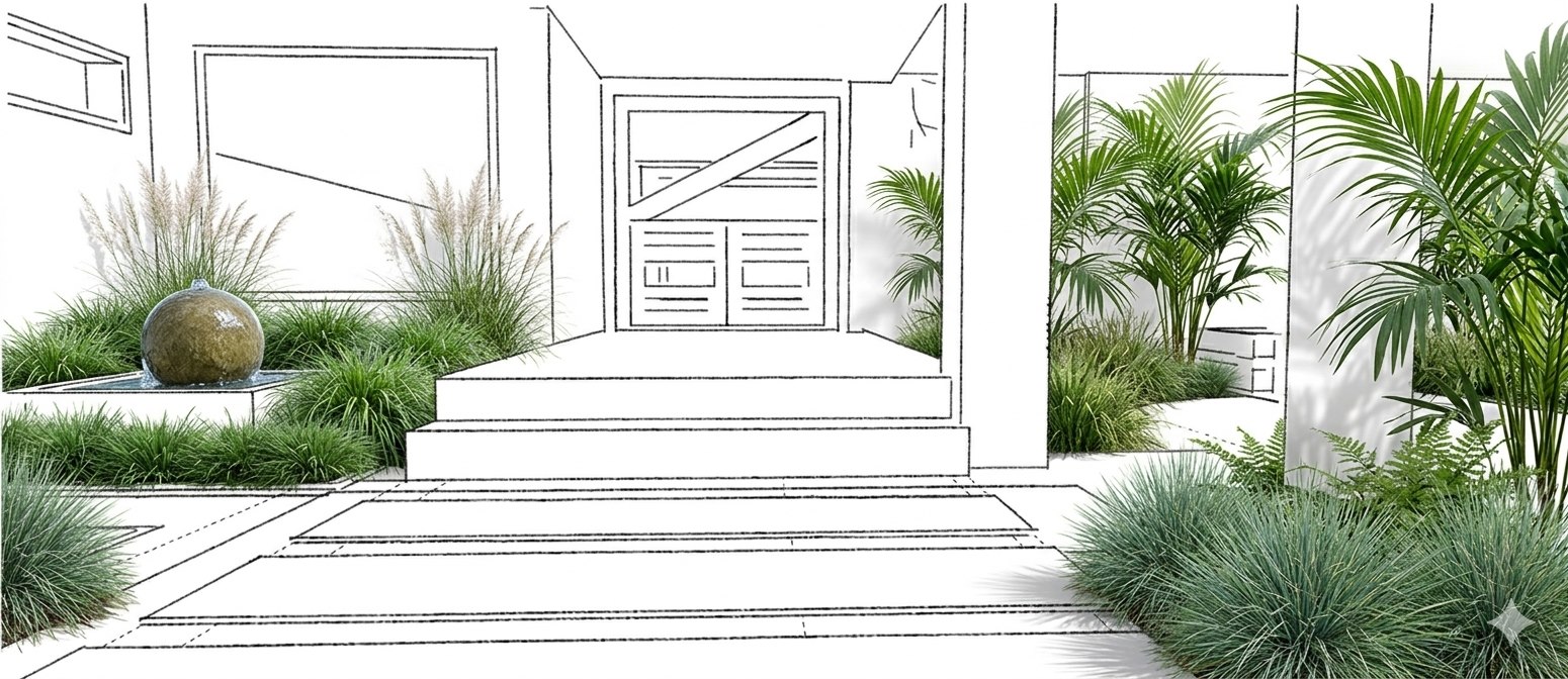 Courtyard concept drawing with planted borders and stepped paving