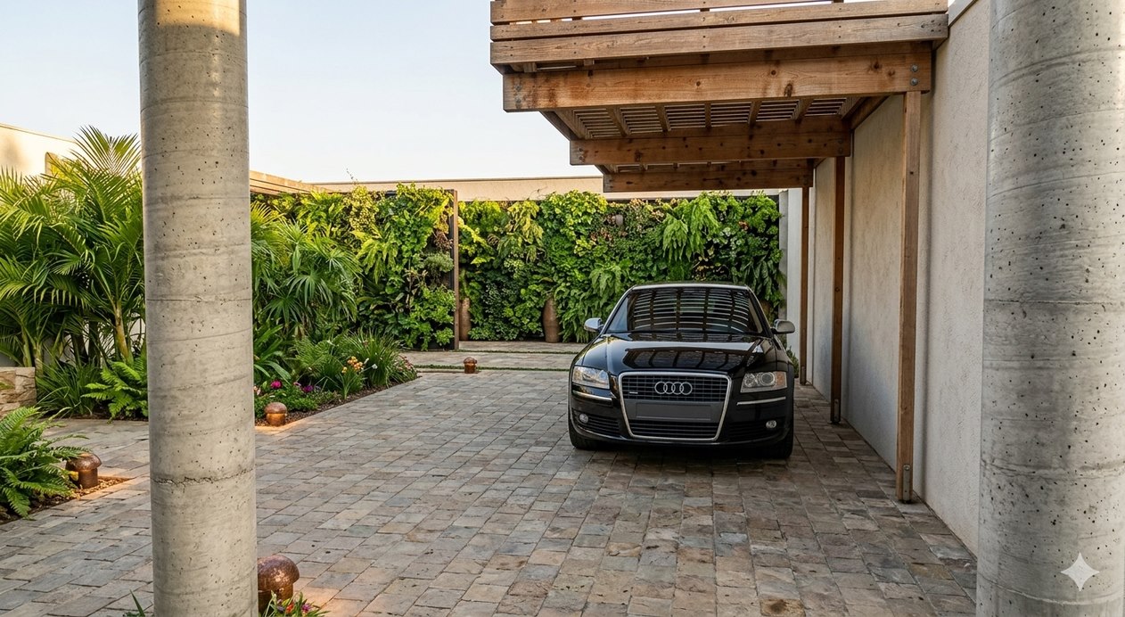 Driveway design with paving, palms and a cantilevered carport
