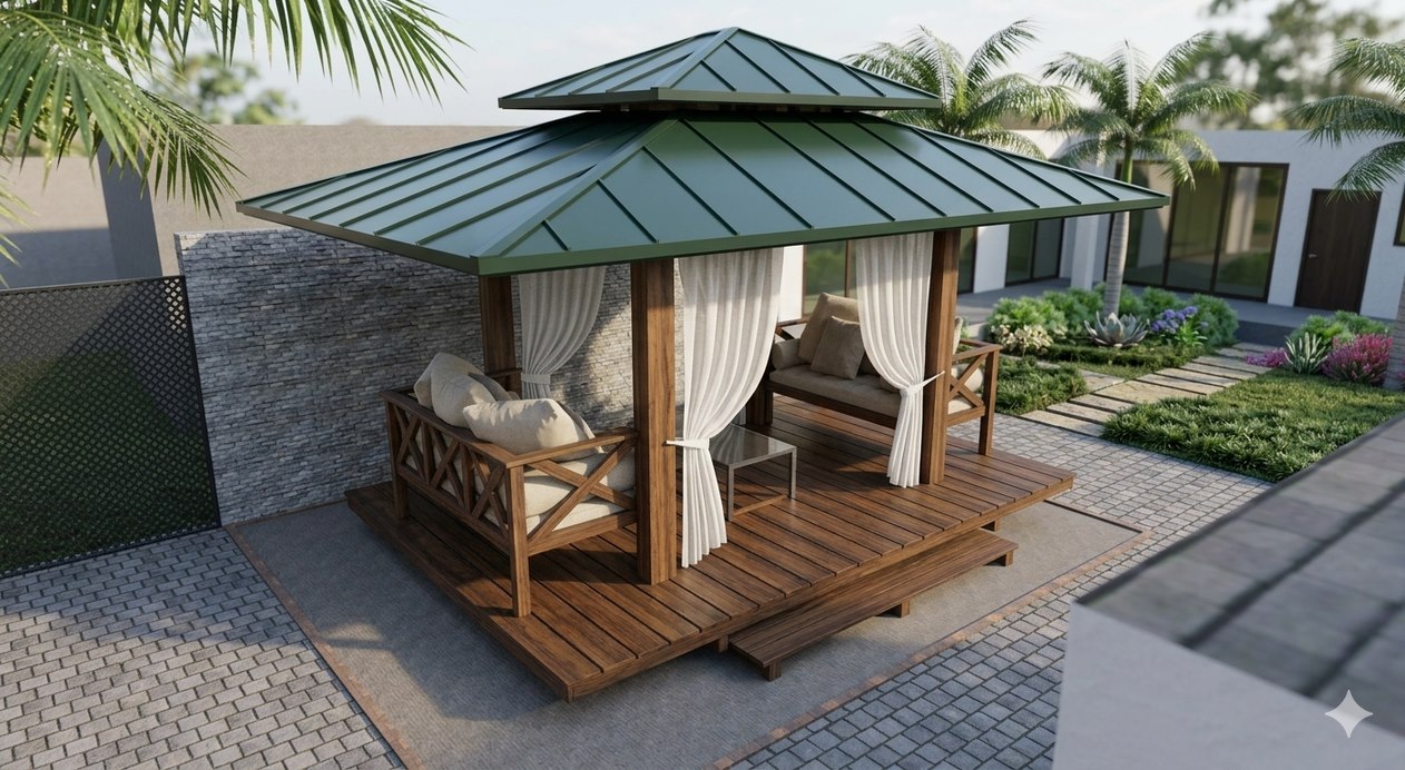 Garden gazebo with deck seating and surrounding planting