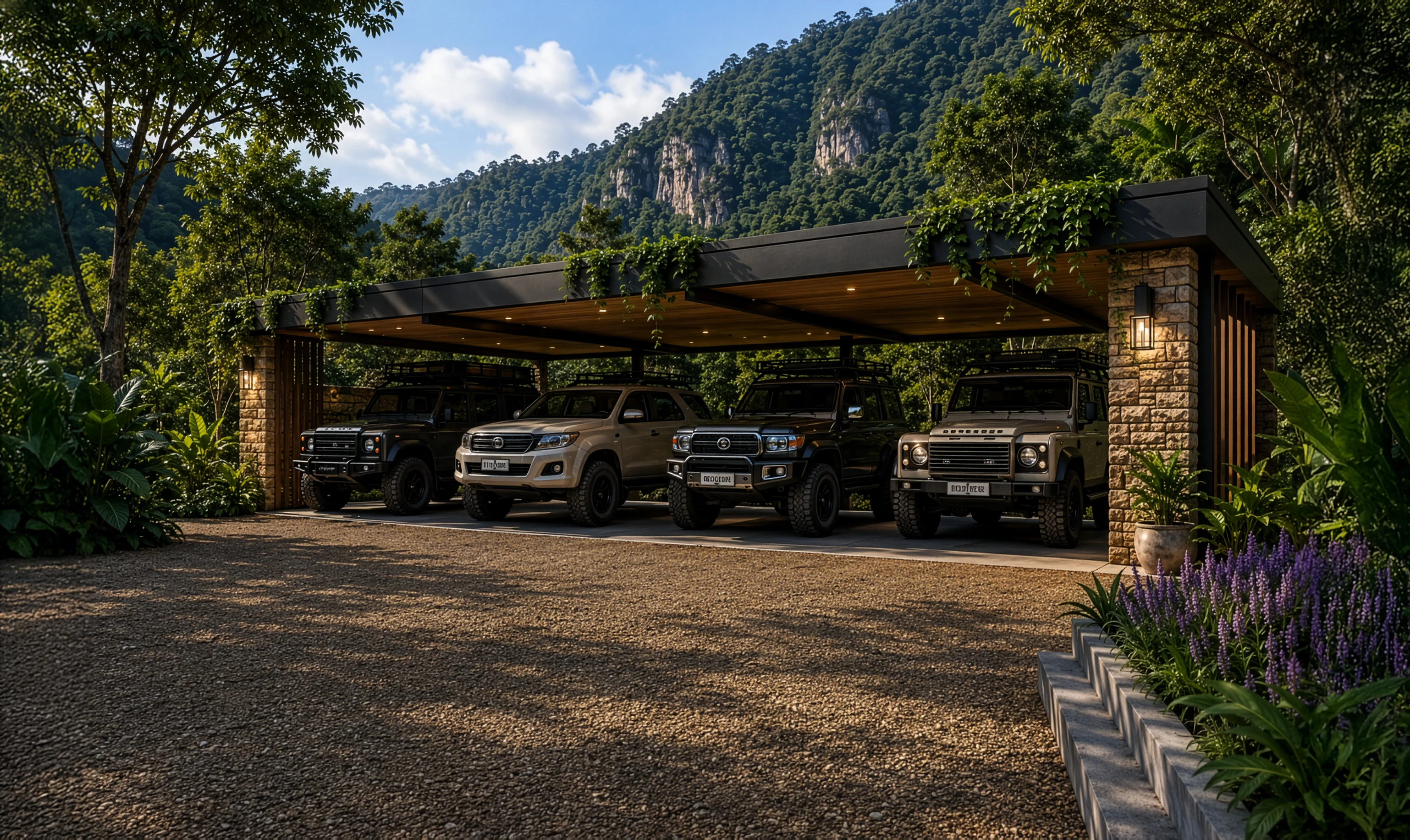 Timber pergola and landscaped outdoor space beneath a mountain canopy